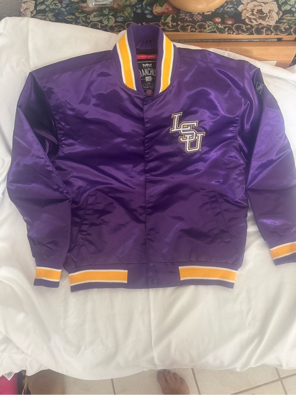 LSU Purple Satin Bomber Jacket with Yellow Trim